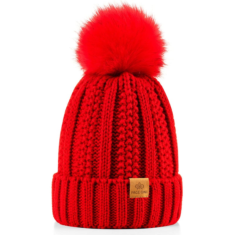 PAGE ONE Womens Winter Thick Cable Knit Beanie Faux Fur Pom Hat Fleece Lined Skull Cap Red - Image 1